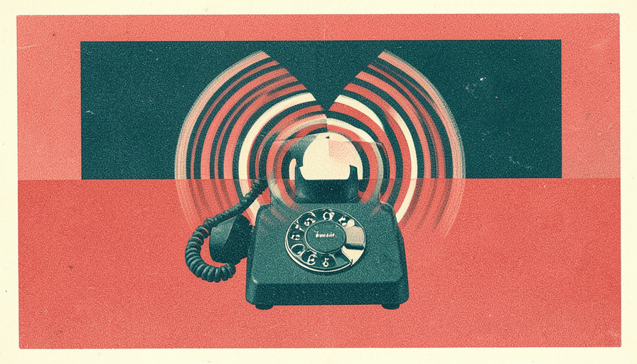 Risograph-style illustration of a vintage rotary telephone with overlapping sound waves radiating from the handset in teal, coral, and cream