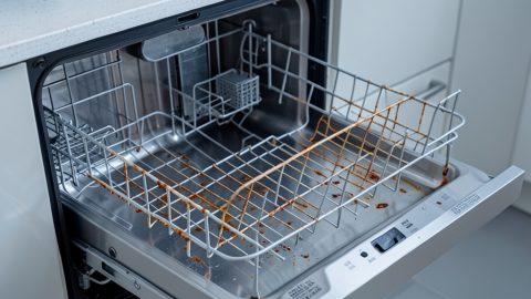 Conceptual illustration of an open dishwasher with a rusted lower rack and corrosion spots on the interior, evoking early appliance wear