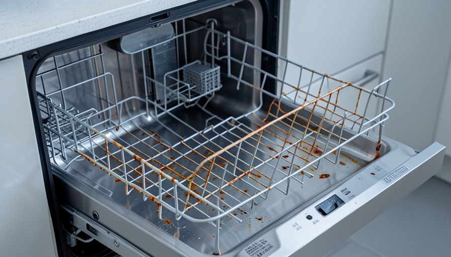 Conceptual illustration of an open dishwasher with a rusted lower rack and corrosion spots on the interior, evoking early appliance wear