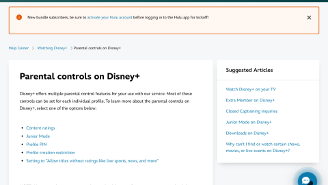 Disney+ parental controls help page showing kids profile and PIN settings