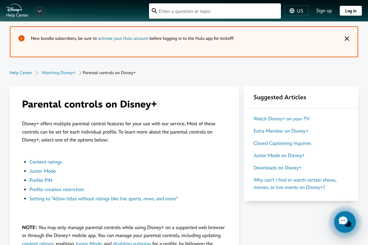 Disney+ parental controls help page showing kids profile and PIN settings