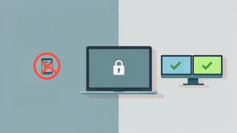A locked work laptop with a blocked video path to a DisplayLink dock beside a working dual-monitor Alt Mode dock