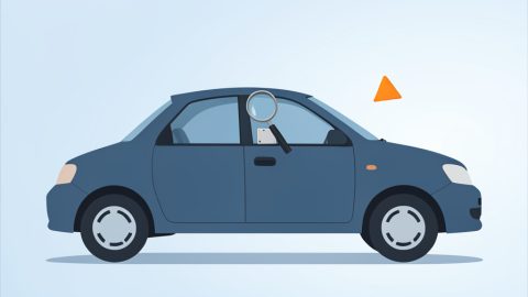 Conceptual illustration of a car with a magnifying glass over a blank vehicle identification plate and a small warning triangle, evoking a rejected VIN entry
