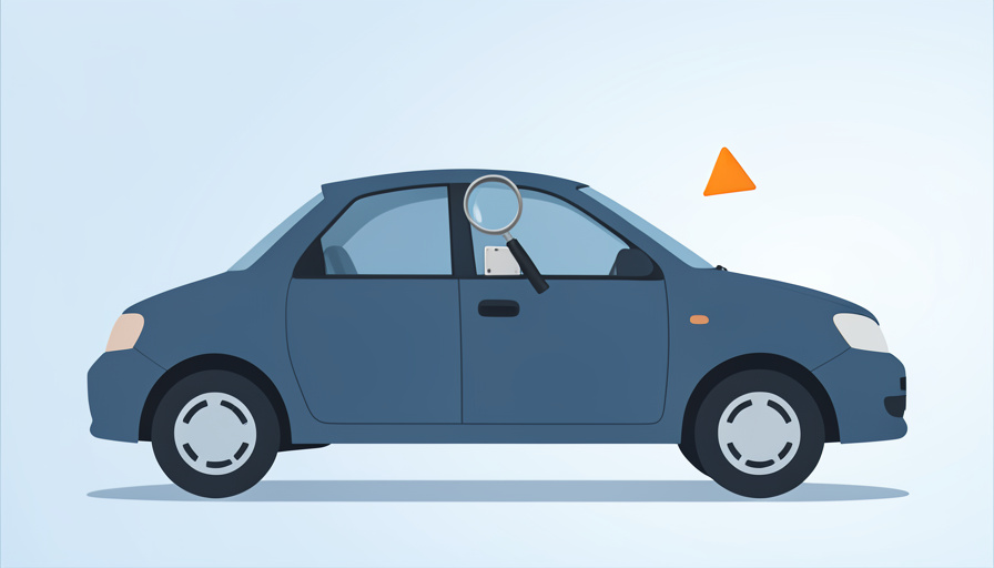 Conceptual illustration of a car with a magnifying glass over a blank vehicle identification plate and a small warning triangle, evoking a rejected VIN entry