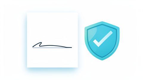 Conceptual illustration of a signed document beside a shield with a checkmark, evoking a verified e-signature with predictable, low-fee pricing