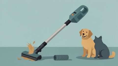 Conceptual illustration of a cordless stick vacuum lifting pet hair off a floor beside a happy dog and cat silhouette and a clean tangle-free brush roll