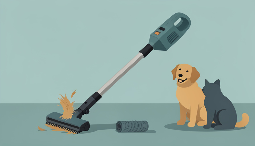 Conceptual illustration of a cordless stick vacuum lifting pet hair off a floor beside a happy dog and cat silhouette and a clean tangle-free brush roll