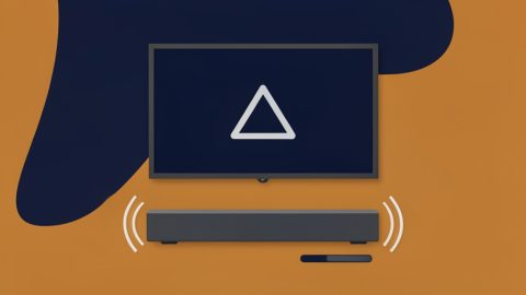 Conceptual illustration of a TV screen and a soundbar with a picture symbol and a sound-wave symbol offset from each other and a small adjustment slider, evoking fixing audio lip sync delay over eARC