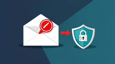 An email envelope with a red warning being routed to spam beside a shield with a broken padlock