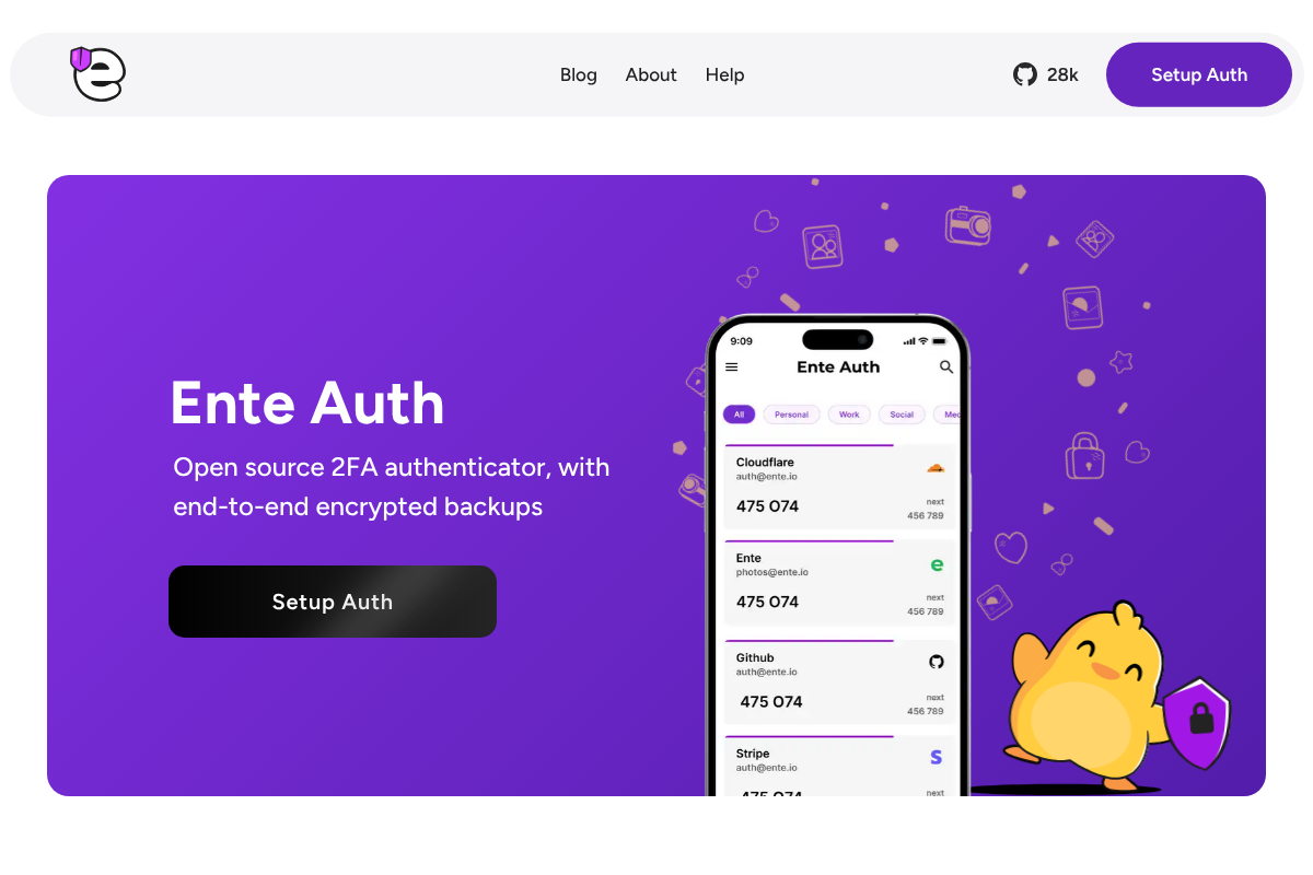 Ente Auth end-to-end encrypted cross-platform authenticator homepage