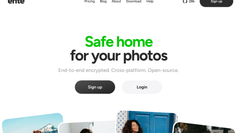 Ente Photos homepage, an end-to-end encrypted photo backup alternative to Google Photos