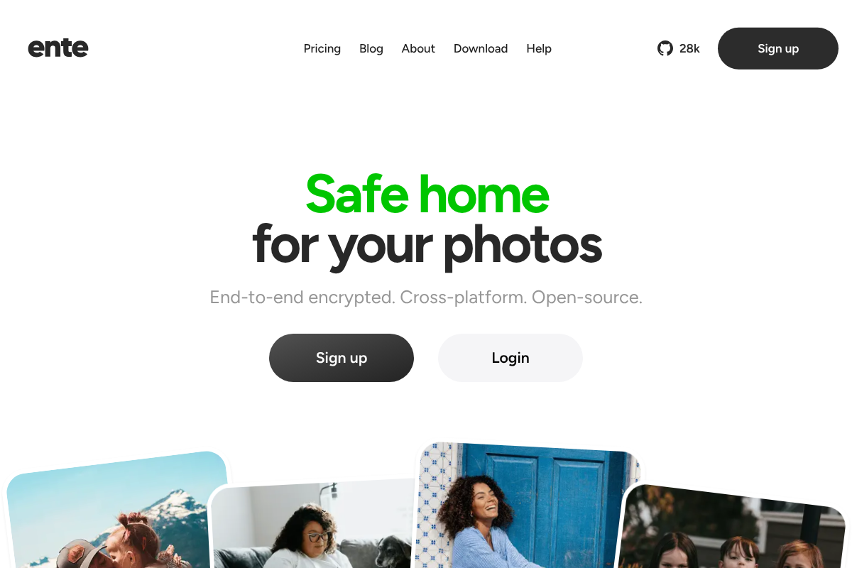 Ente Photos homepage, an end-to-end encrypted photo backup alternative to Google Photos