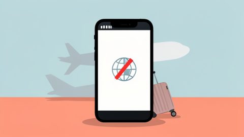 A phone with full signal bars showing a globe icon crossed out, in front of an airplane and suitcase