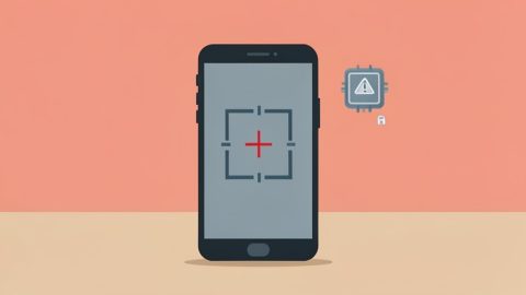 A phone showing a failed scan frame with a red error, a SIM chip with a warning triangle, and a padlock