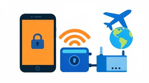 A locked smartphone beside a pocket WiFi hotspot and travel router with a globe and airplane