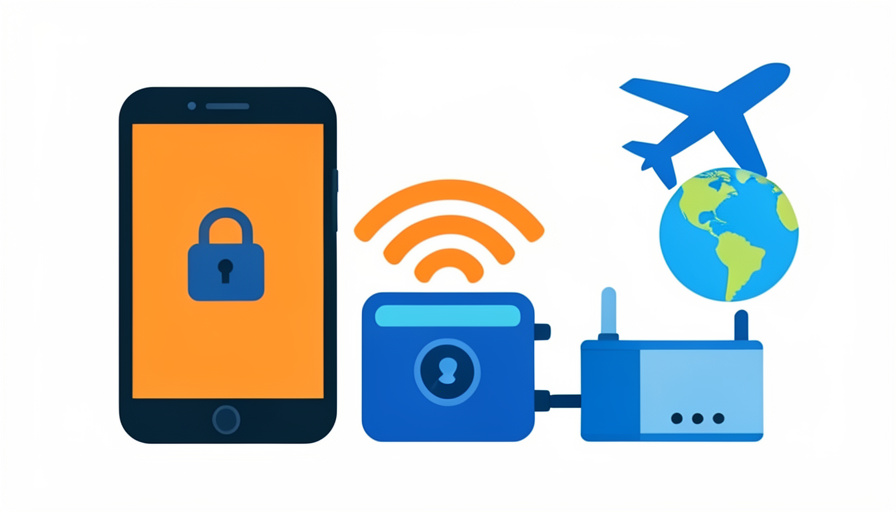 A locked smartphone beside a pocket WiFi hotspot and travel router with a globe and airplane