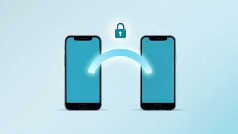 Conceptual illustration of two smartphones side by side with a signal-transfer arrow and a small lock icon, evoking an eSIM move and two-factor login
