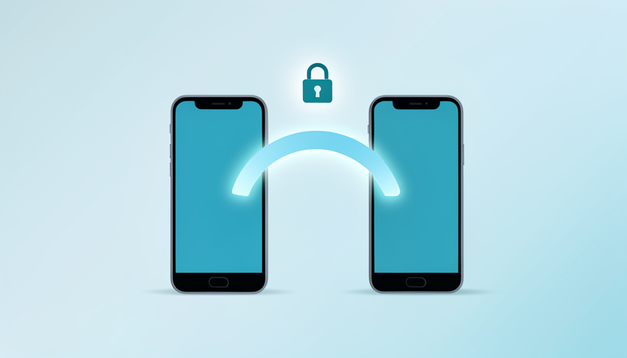Conceptual illustration of two smartphones side by side with a signal-transfer arrow and a small lock icon, evoking an eSIM move and two-factor login