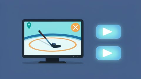 A hockey rink on a TV screen with a blackout warning icon and several alternative streaming app tiles beside it