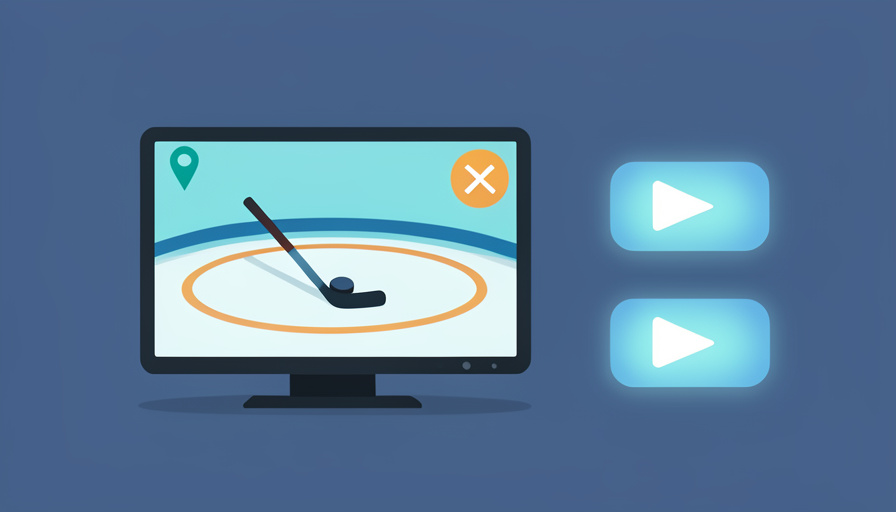 A hockey rink on a TV screen with a blackout warning icon and several alternative streaming app tiles beside it