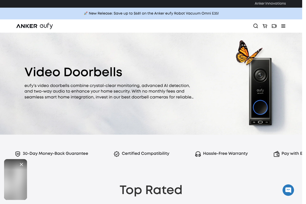 eufy video doorbell collection page highlighting local storage with no monthly subscription