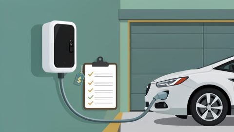 A home EV wall charger connected to a car beside a rebate checklist clipboard