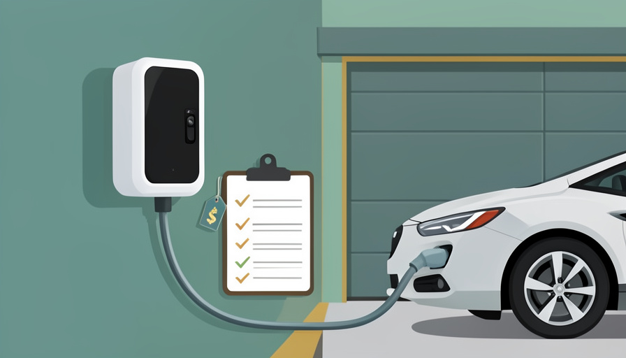 A home EV wall charger connected to a car beside a rebate checklist clipboard