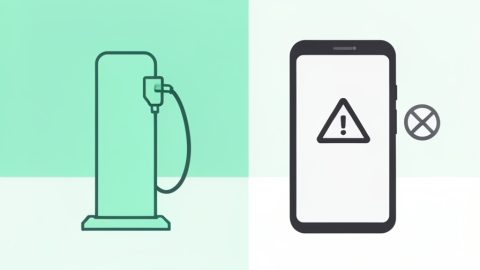 Conceptual illustration of an EV charging plug beside a smartphone showing a warning symbol, evoking a charging app that will not start a session