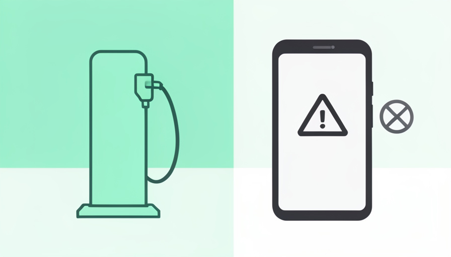Conceptual illustration of an EV charging plug beside a smartphone showing a warning symbol, evoking a charging app that will not start a session