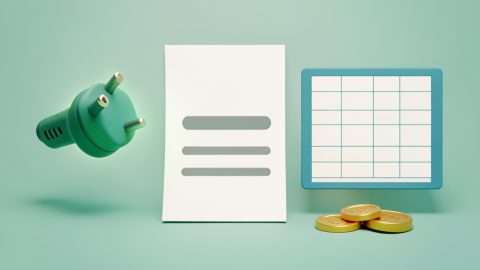 Conceptual illustration of an EV charging plug beside an itemized receipt and a spreadsheet grid, evoking logging charging costs for reimbursement
