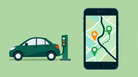 An EV charging on a road trip beside a phone map showing a route with a flagged out-of-service charger and a backup stop