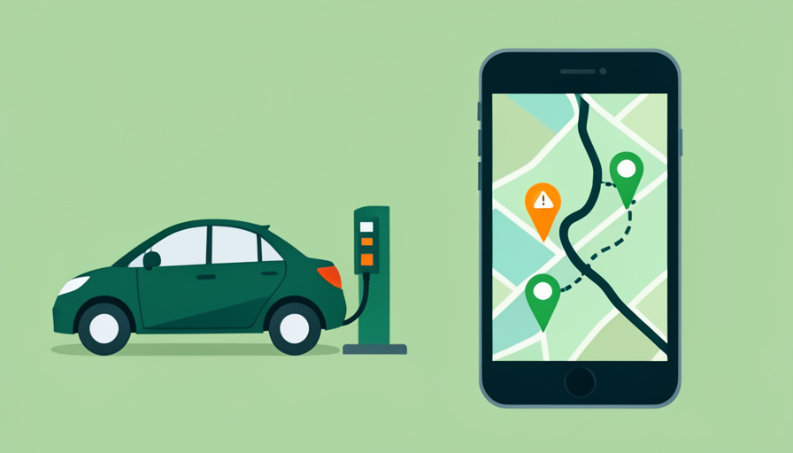 An EV charging on a road trip beside a phone map showing a route with a flagged out-of-service charger and a backup stop