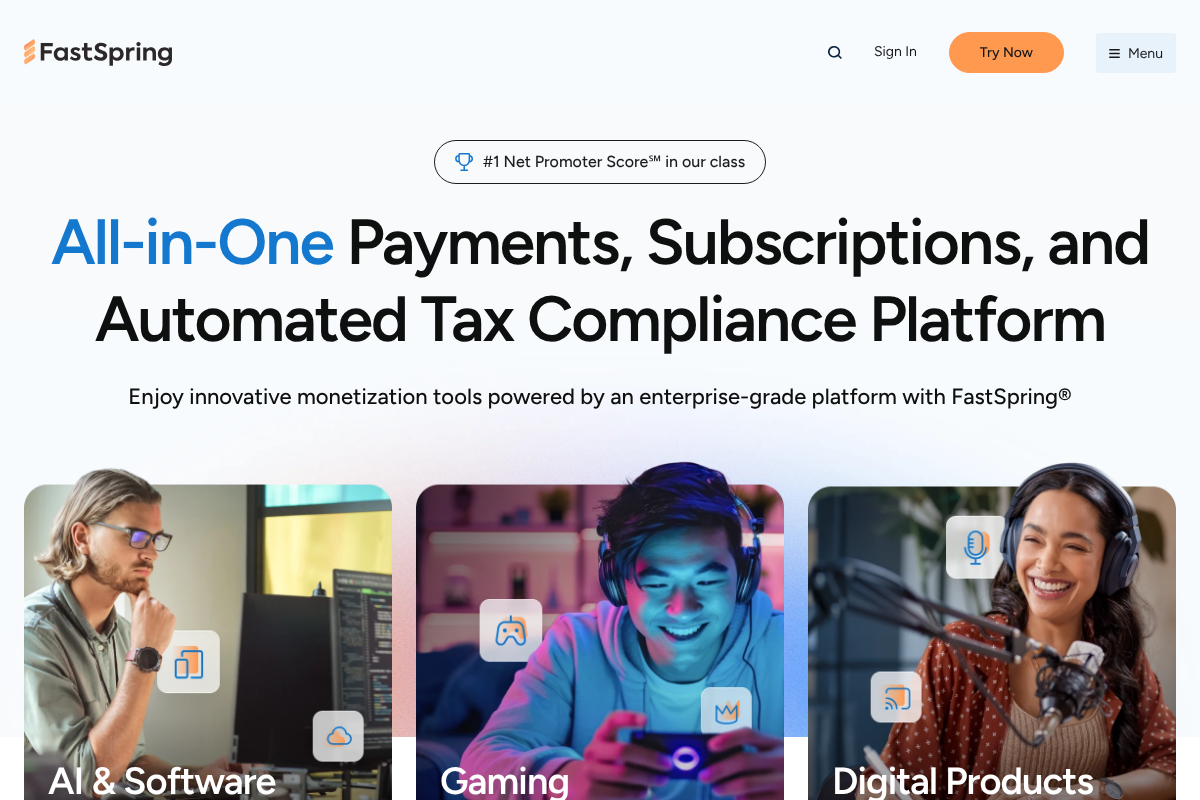 FastSpring merchant-of-record platform homepage for selling software and subscriptions globally