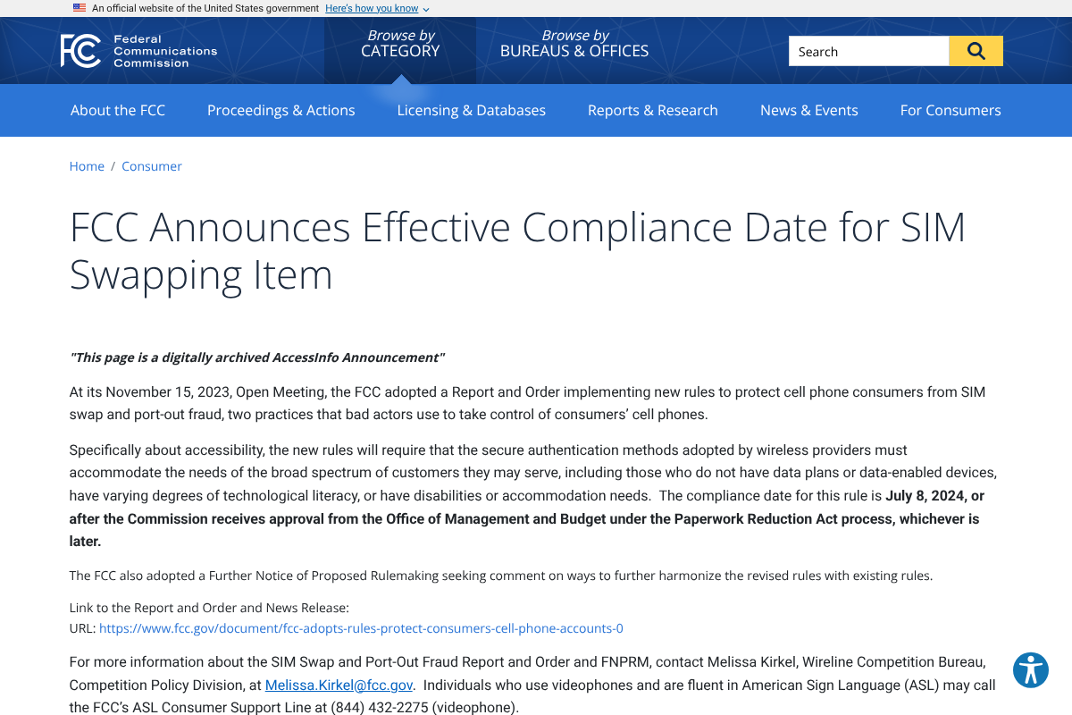 FCC SIM swapping consumer protection rules page