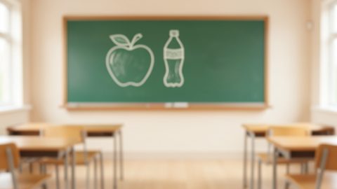 Conceptual illustration of a classroom chalkboard with a simple healthy-food and junk-food contrast drawing, evoking a nutrition lesson