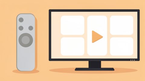 Conceptual illustration of a streaming remote with a few large buttons beside a TV screen showing large simple app tiles and a play triangle, evoking a senior-friendly setup