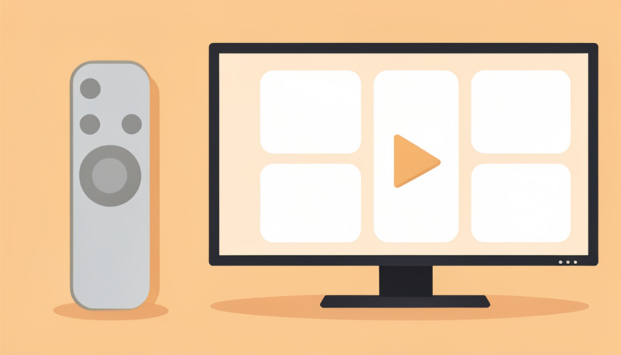 Conceptual illustration of a streaming remote with a few large buttons beside a TV screen showing large simple app tiles and a play triangle, evoking a senior-friendly setup