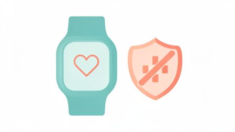 Conceptual illustration of a fitness tracker wristband with a shield-and-toggle-switch symbol and a small crossed-out sharing arrow, evoking checking wearable data-sharing settings