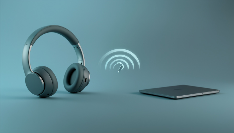Conceptual illustration of wireless headphones beside a laptop with a broken sound-wave link between them, evoking a Bluetooth device that pairs but plays no audio