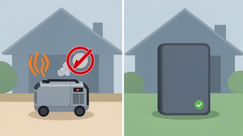 A noisy portable generator with a red no-symbol beside a silent home battery with a green checkmark, houses behind