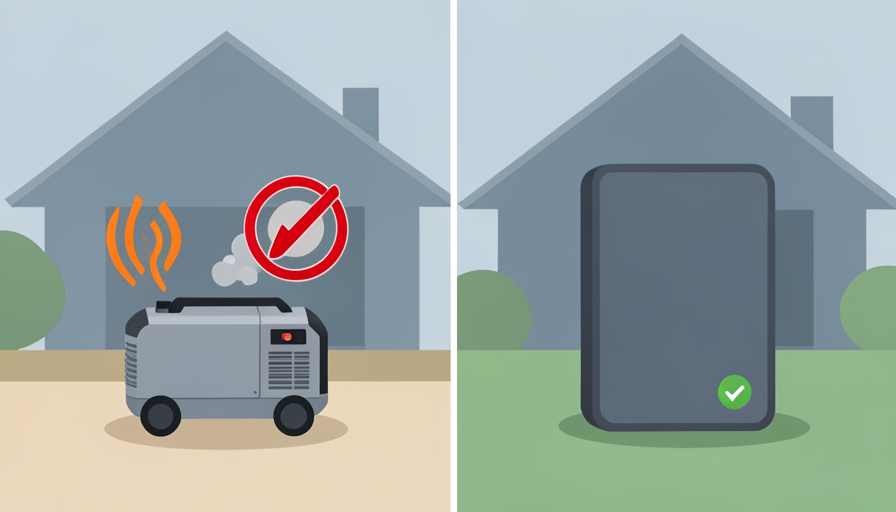 A noisy portable generator with a red no-symbol beside a silent home battery with a green checkmark, houses behind