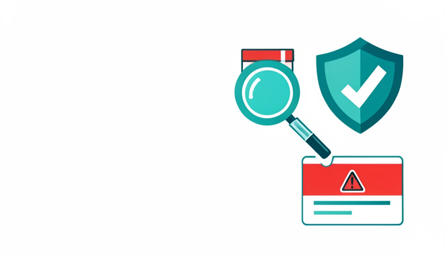 A magnifying glass over a medicine box with a verification shield and a warning-marked membership card