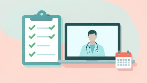 A checklist clipboard beside a laptop showing a video-call doctor and a monthly calendar icon
