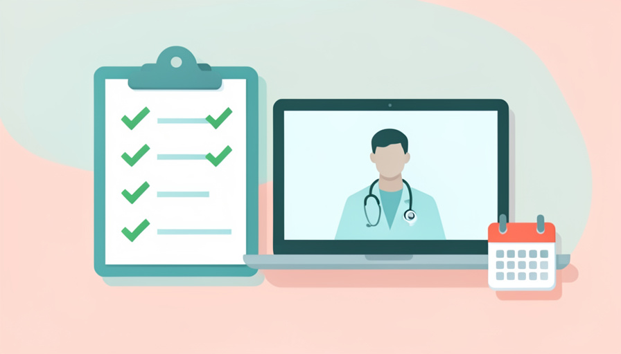 A checklist clipboard beside a laptop showing a video-call doctor and a monthly calendar icon