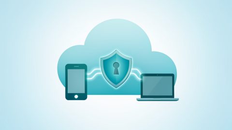 Conceptual illustration of a shielded key syncing across a phone, a tablet, and a laptop through a cloud, evoking cross-platform two-factor backup