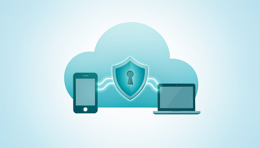 Conceptual illustration of a shielded key syncing across a phone, a tablet, and a laptop through a cloud, evoking cross-platform two-factor backup