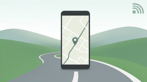 Conceptual illustration of a smartphone showing a route pin on a winding rural road with a faded signal-bars icon, evoking offline navigation without cell service