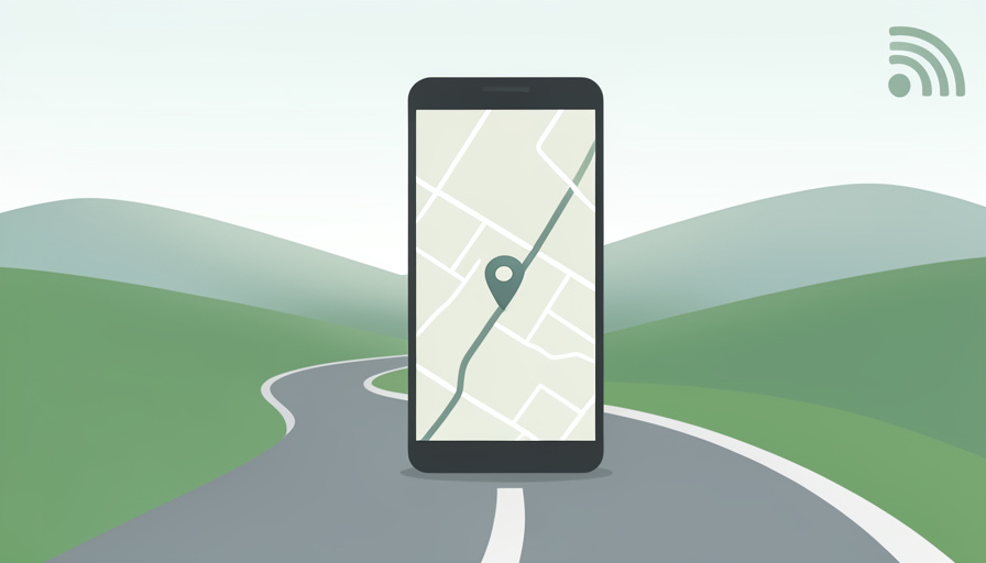 Conceptual illustration of a smartphone showing a route pin on a winding rural road with a faded signal-bars icon, evoking offline navigation without cell service