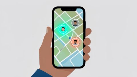Illustration of a phone showing a map with several live contact avatars and one dimmed avatar stuck on updating