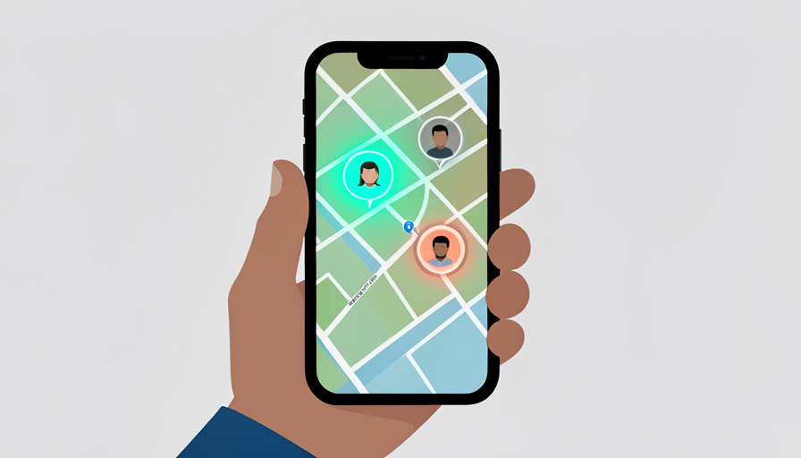 Illustration of a phone showing a map with several live contact avatars and one dimmed avatar stuck on updating